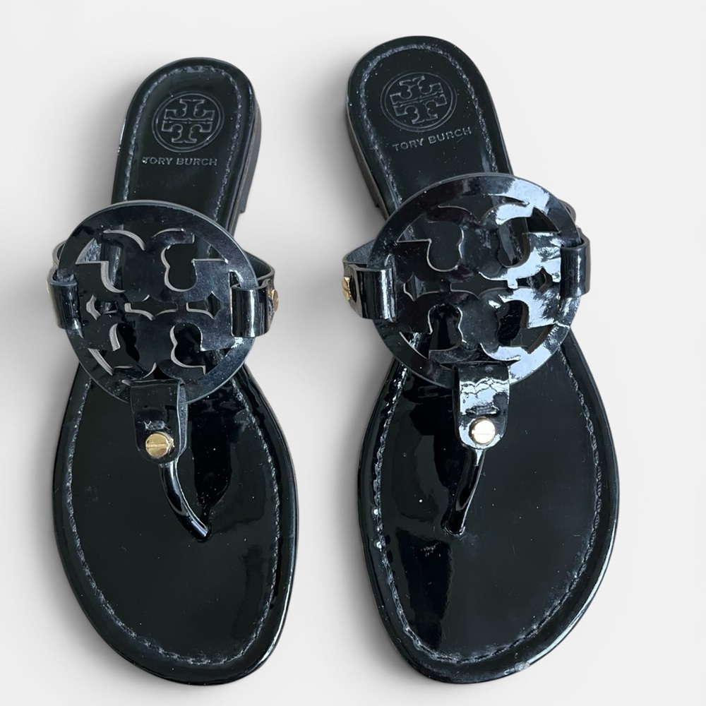 Tory Burch Black Patent Logo Thong Sandals with Gold Accent